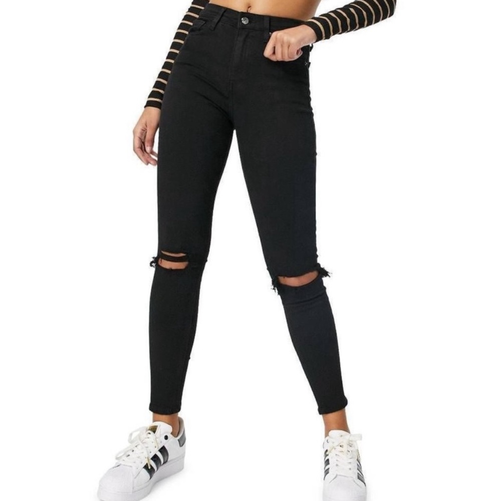 Topshop Moto Jamie black denim distressed high waisted skinny jeans size 28